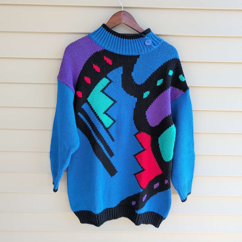 Jeanette Sweater Womens Medium Blue Geometric Abstract Vintage 80s Mock‎ Neck